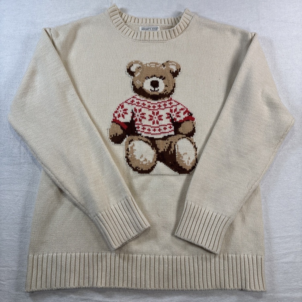Mighty Fine Women's Beige Teddy Bear Crew Neck Sweater Large